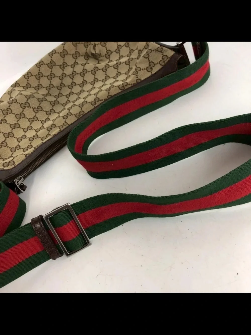 Gucci Beige Brown GG Monogram Crescent Bag with Green/Red Strap